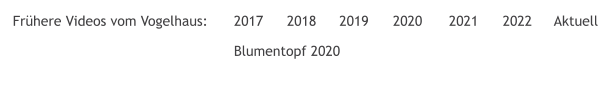 2018   2019   2020   2021   Blumentopf 2020  Frühere Videos vom Vogelhaus:  2022   2017  Aktuell